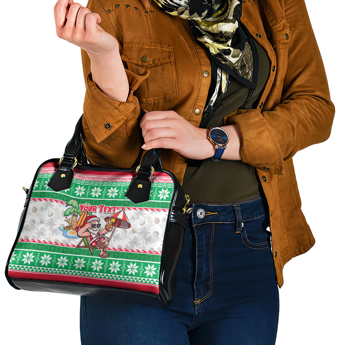 Custom Hawaii Mele Kalikimaka Shoulder Handbag Aloha Santa and Palm Tree Mix Kakau Pattern LT03 - Polynesian Pride
