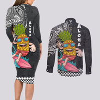 Hawaii Pineapple Surfing With Kakau Tribal Couples Matching Long Sleeve Bodycon Dress and Long Sleeve Button Shirt LT03 - Polynesian Pride