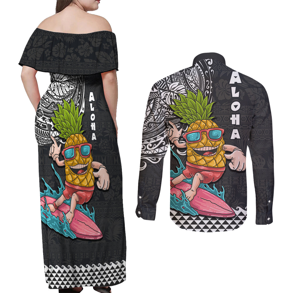 Hawaii Pineapple Surfing With Kakau Tribal Couples Matching Off Shoulder Maxi Dress and Long Sleeve Button Shirt LT03 - Polynesian Pride
