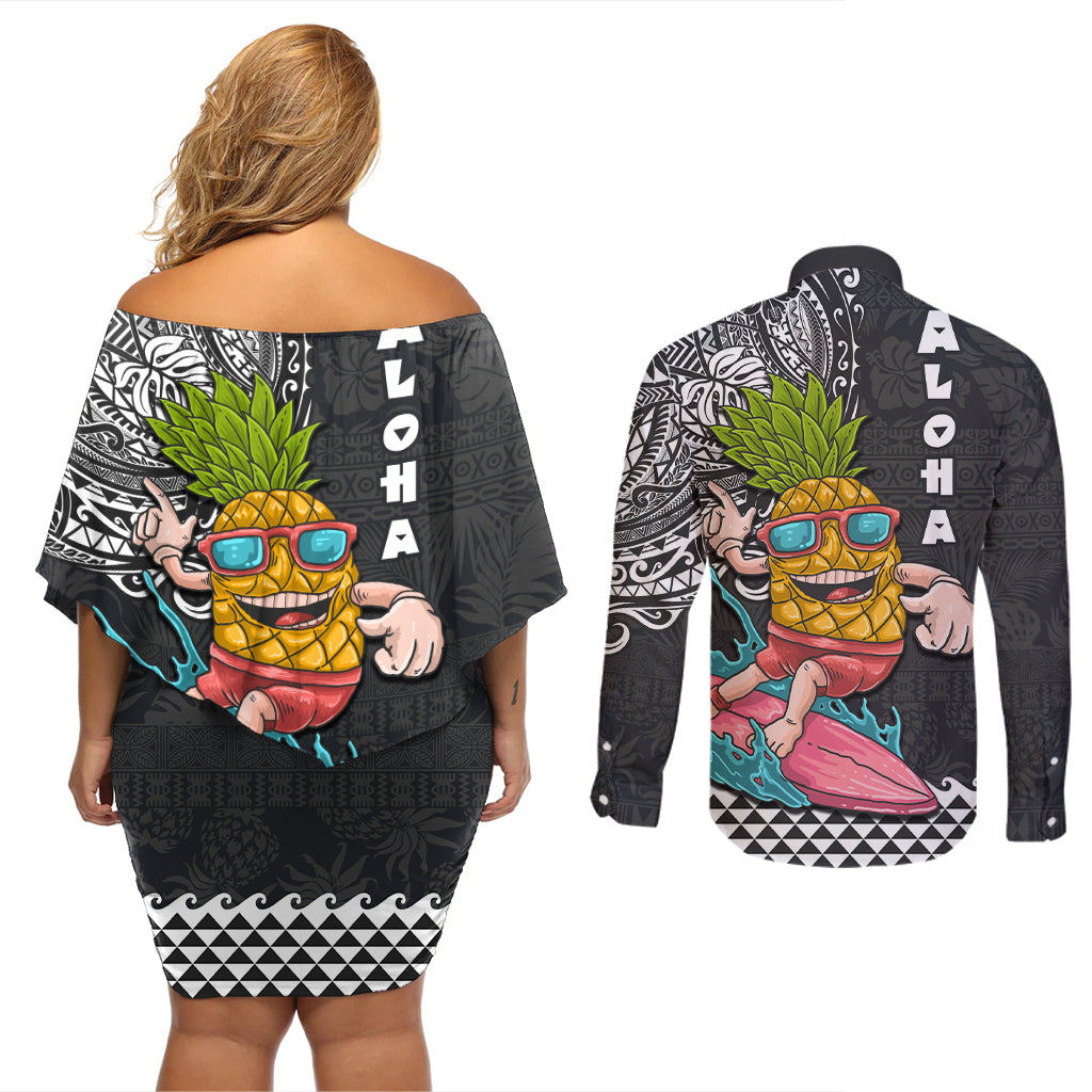 Hawaii Pineapple Surfing With Kakau Tribal Couples Matching Off Shoulder Short Dress and Long Sleeve Button Shirt LT03 - Polynesian Pride