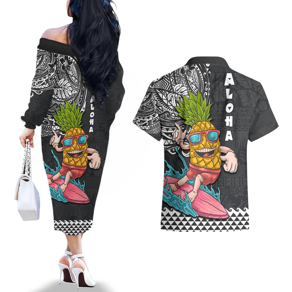 Hawaii Pineapple Surfing With Kakau Tribal Couples Matching Off The Shoulder Long Sleeve Dress and Hawaiian Shirt LT03 - Polynesian Pride