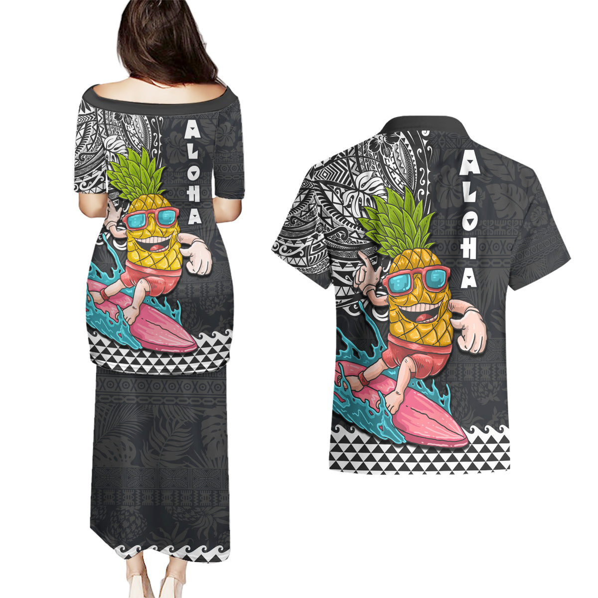 Hawaii Pineapple Surfing With Kakau Tribal Couples Matching Puletasi Dress and Hawaiian Shirt LT03 - Polynesian Pride