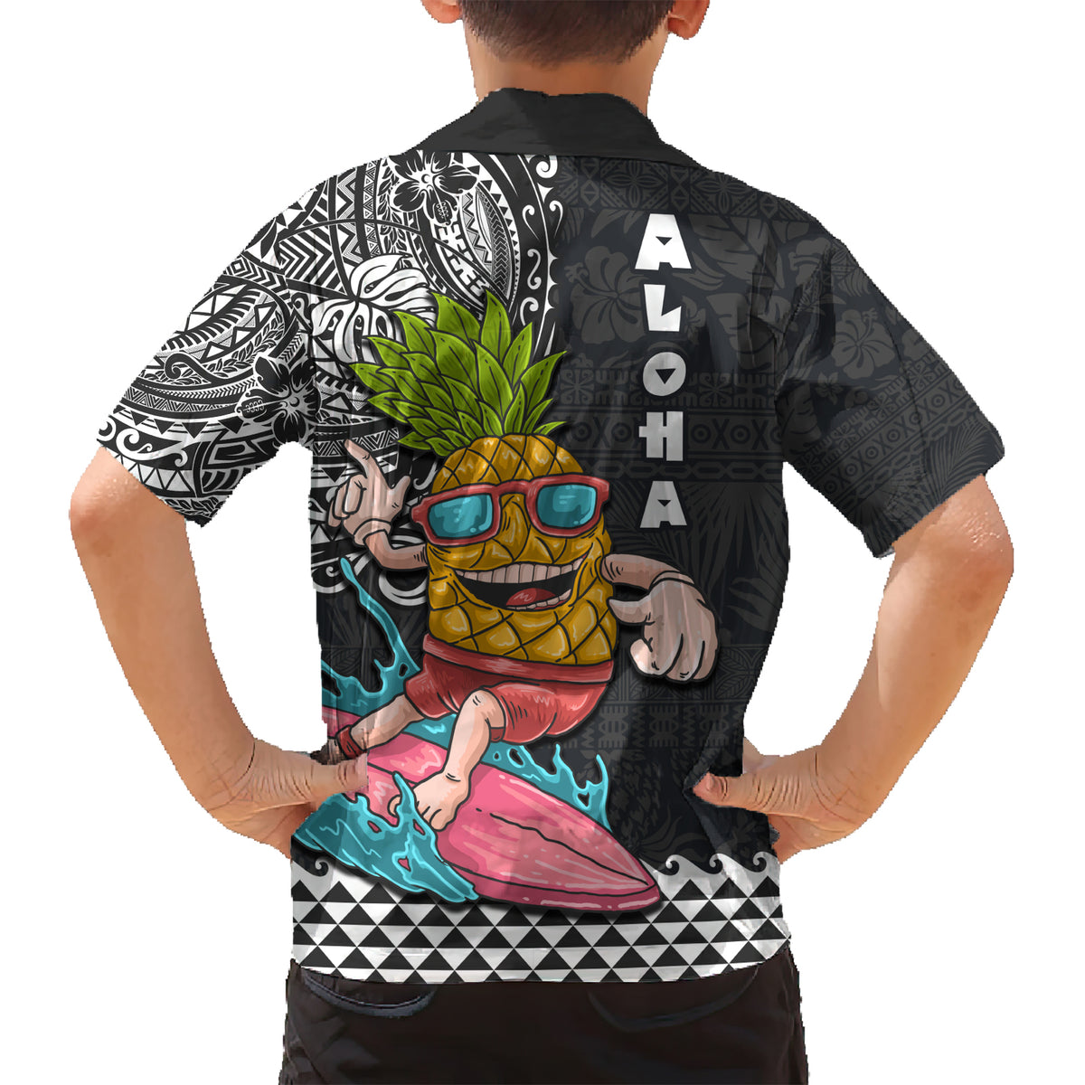 Hawaii Pineapple Surfing With Kakau Tribal Family Matching Short Sleeve Bodycon Dress and Hawaiian Shirt LT03 - Polynesian Pride