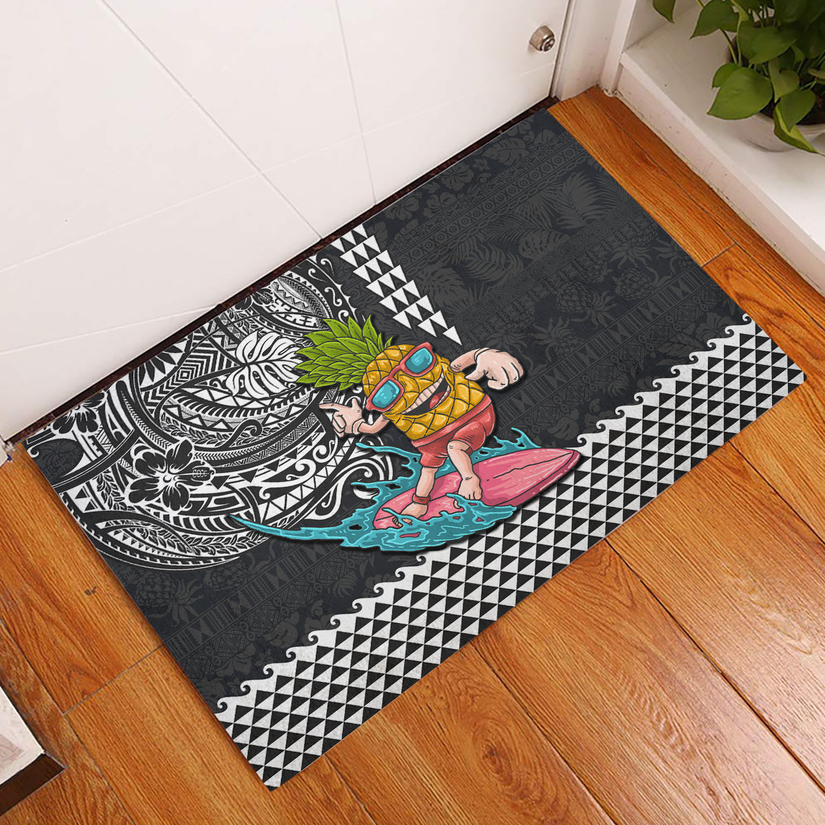 Hawaii Pineapple Surfing With Kakau Tribal Rubber Doormat LT03 Brown - Polynesian Pride