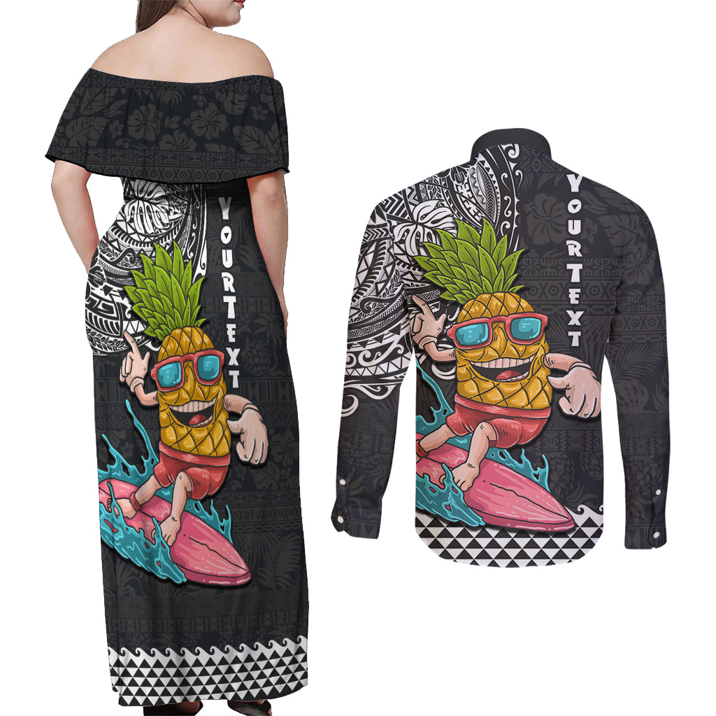 Hawaii Pineapple Surfing Kakau Tribal Personalised Couples Matching Off Shoulder Maxi Dress and Long Sleeve Button Shirt LT03 - Polynesian Pride