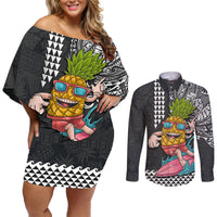 Hawaii Pineapple Surfing Kakau Tribal Personalised Couples Matching Off Shoulder Short Dress and Long Sleeve Button Shirt LT03 Brown - Polynesian Pride