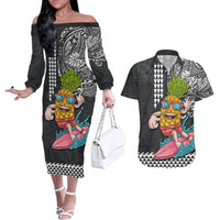 Hawaii Pineapple Surfing Kakau Tribal Personalised Couples Matching Off The Shoulder Long Sleeve Dress and Hawaiian Shirt LT03 Brown - Polynesian Pride