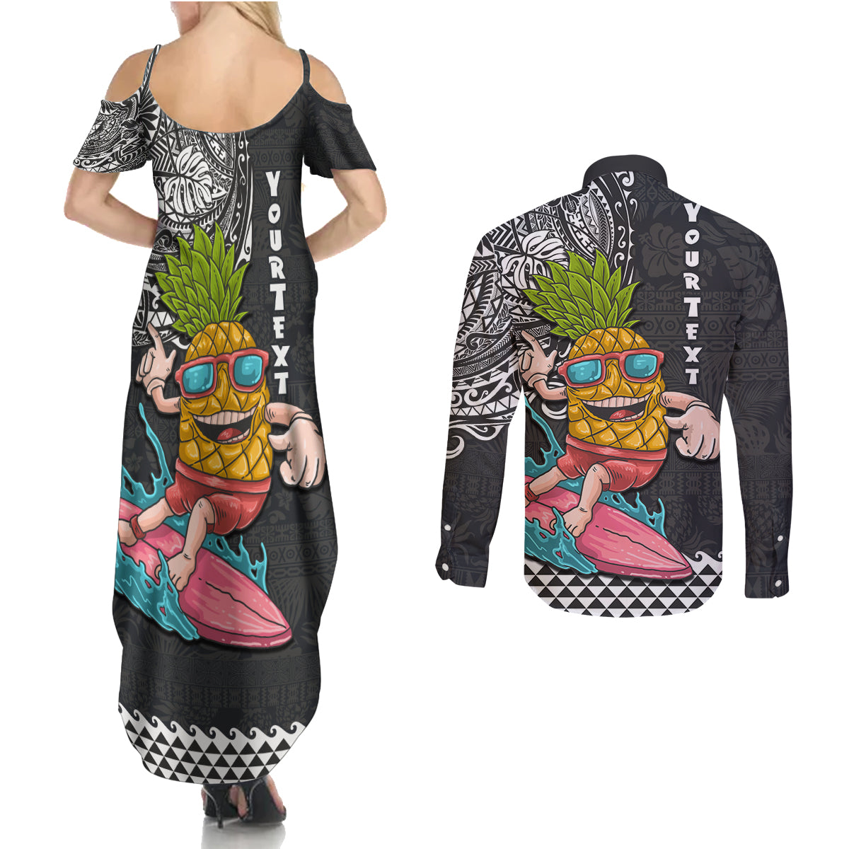 Hawaii Pineapple Surfing Kakau Tribal Personalised Couples Matching Summer Maxi Dress and Long Sleeve Button Shirt LT03 - Polynesian Pride