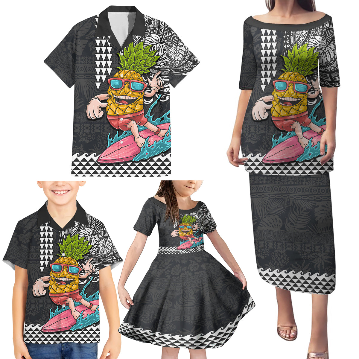 Hawaii Pineapple Surfing Kakau Tribal Personalised Family Matching Puletasi Dress and Hawaiian Shirt LT03 - Polynesian Pride