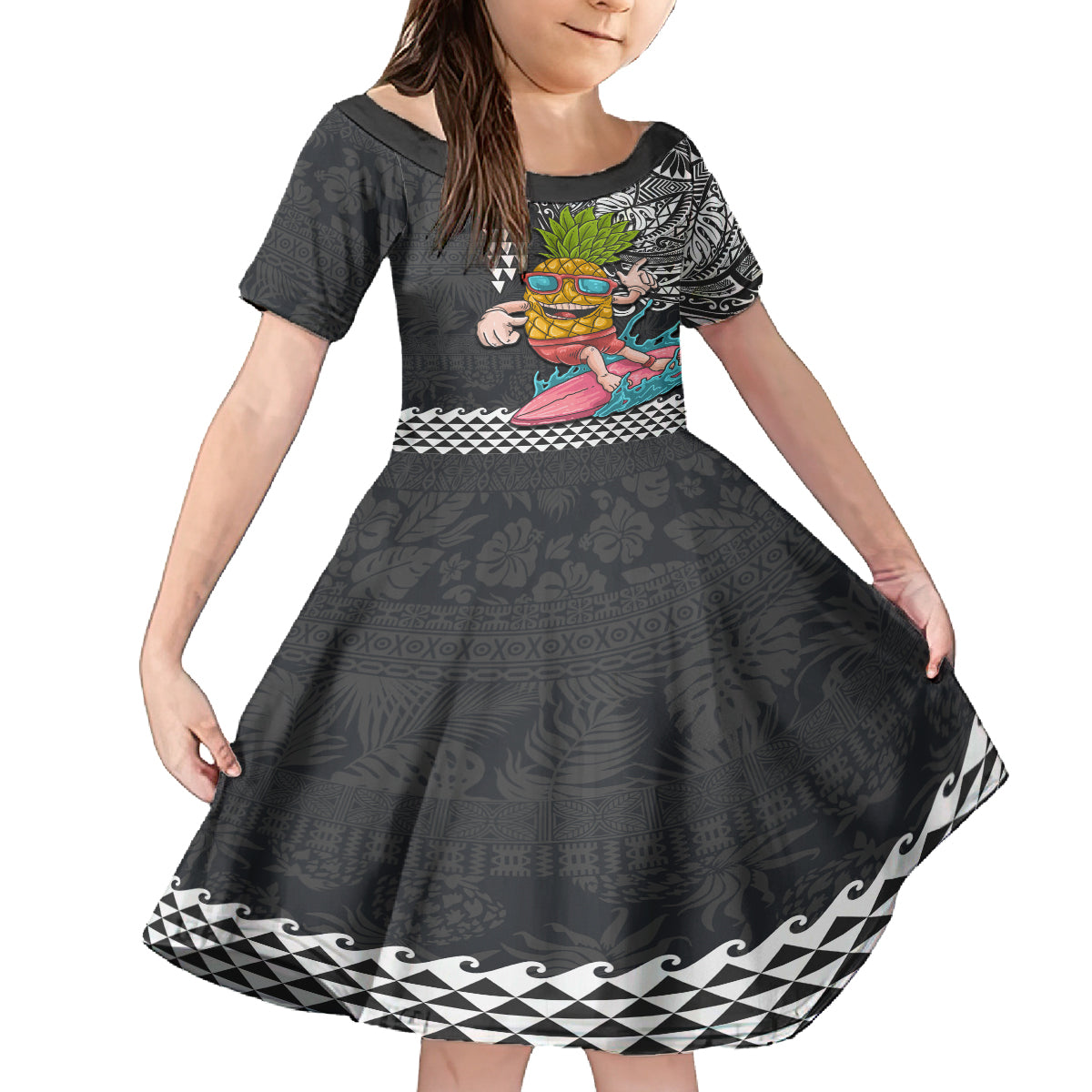Hawaii Pineapple Surfing Kakau Tribal Personalised Kid Short Sleeve Dress LT03 KID Brown - Polynesian Pride