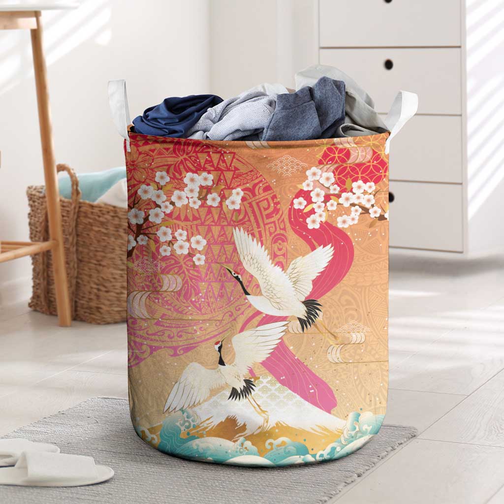 Hawaiian and Japanese Culture Together Laundry Basket Kakau Art Tattoo with Cranes and Sakura Spring Vibe LT03 Multicolor - Polynesian Pride