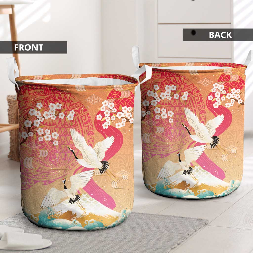 Hawaiian and Japanese Culture Together Laundry Basket Kakau Art Tattoo with Cranes and Sakura Spring Vibe LT03 - Polynesian Pride