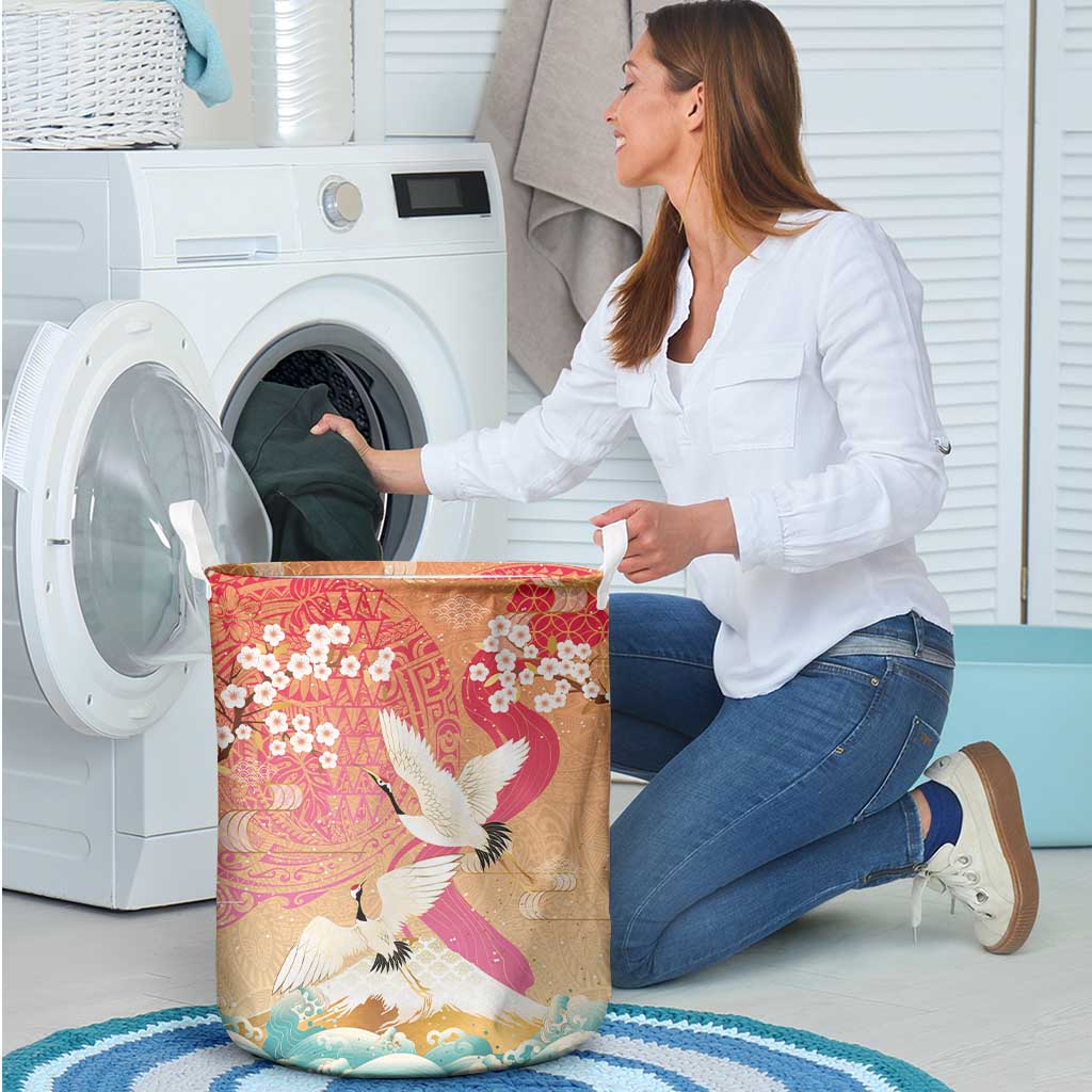 Hawaiian and Japanese Culture Together Laundry Basket Kakau Art Tattoo with Cranes and Sakura Spring Vibe LT03 - Polynesian Pride