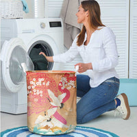 Hawaiian and Japanese Culture Together Laundry Basket Kakau Art Tattoo with Cranes and Sakura Spring Vibe LT03 - Polynesian Pride