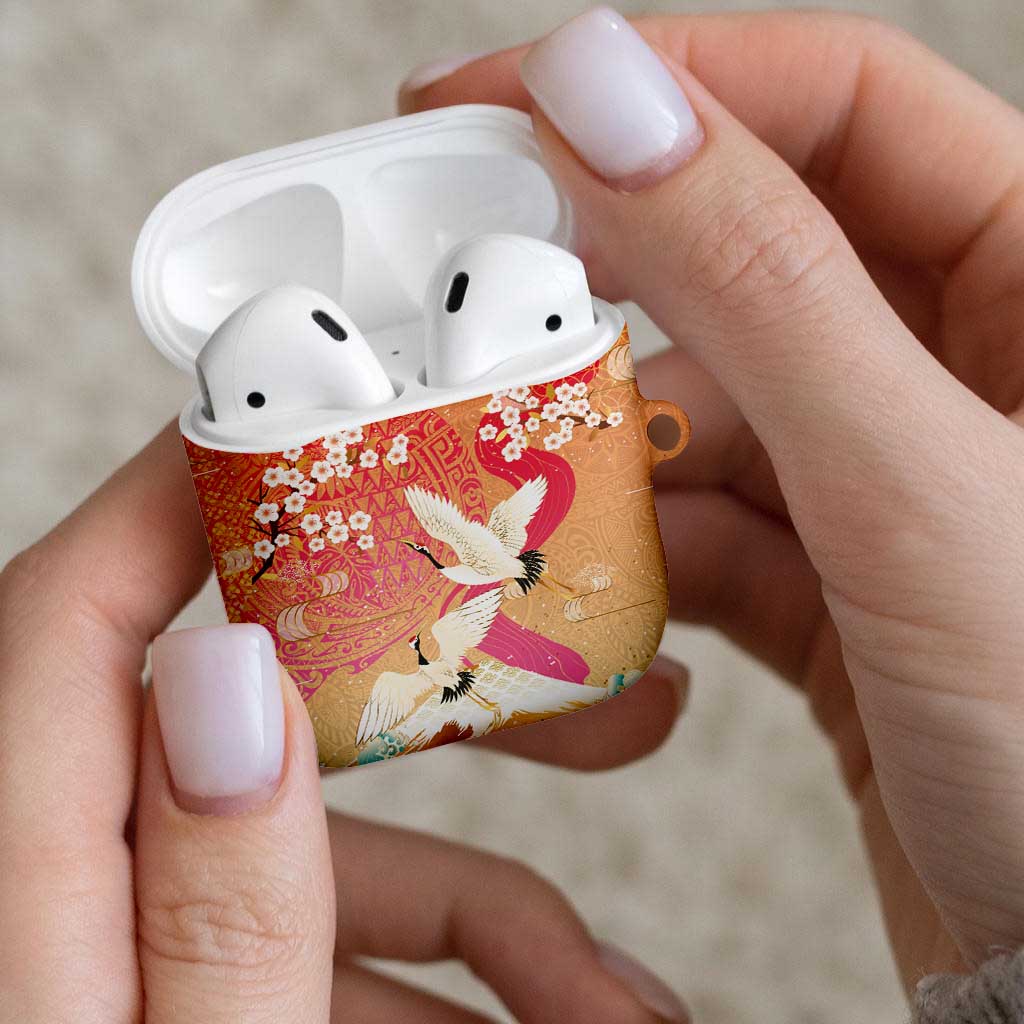 Hawaiian and Japanese Culture Together AirPods Case Kakau Art Tattoo with Cranes and Sakura Spring Vibe LT03 - Polynesian Pride