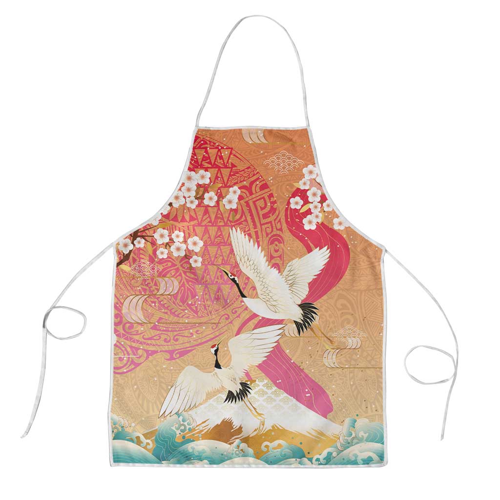 Hawaiian and Japanese Culture Together Apron Kakau Art Tattoo with Cranes and Sakura Spring Vibe LT03 Multicolor - Polynesian Pride
