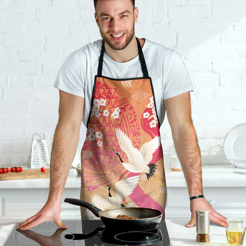 Hawaiian and Japanese Culture Together Apron Kakau Art Tattoo with Cranes and Sakura Spring Vibe LT03 - Polynesian Pride