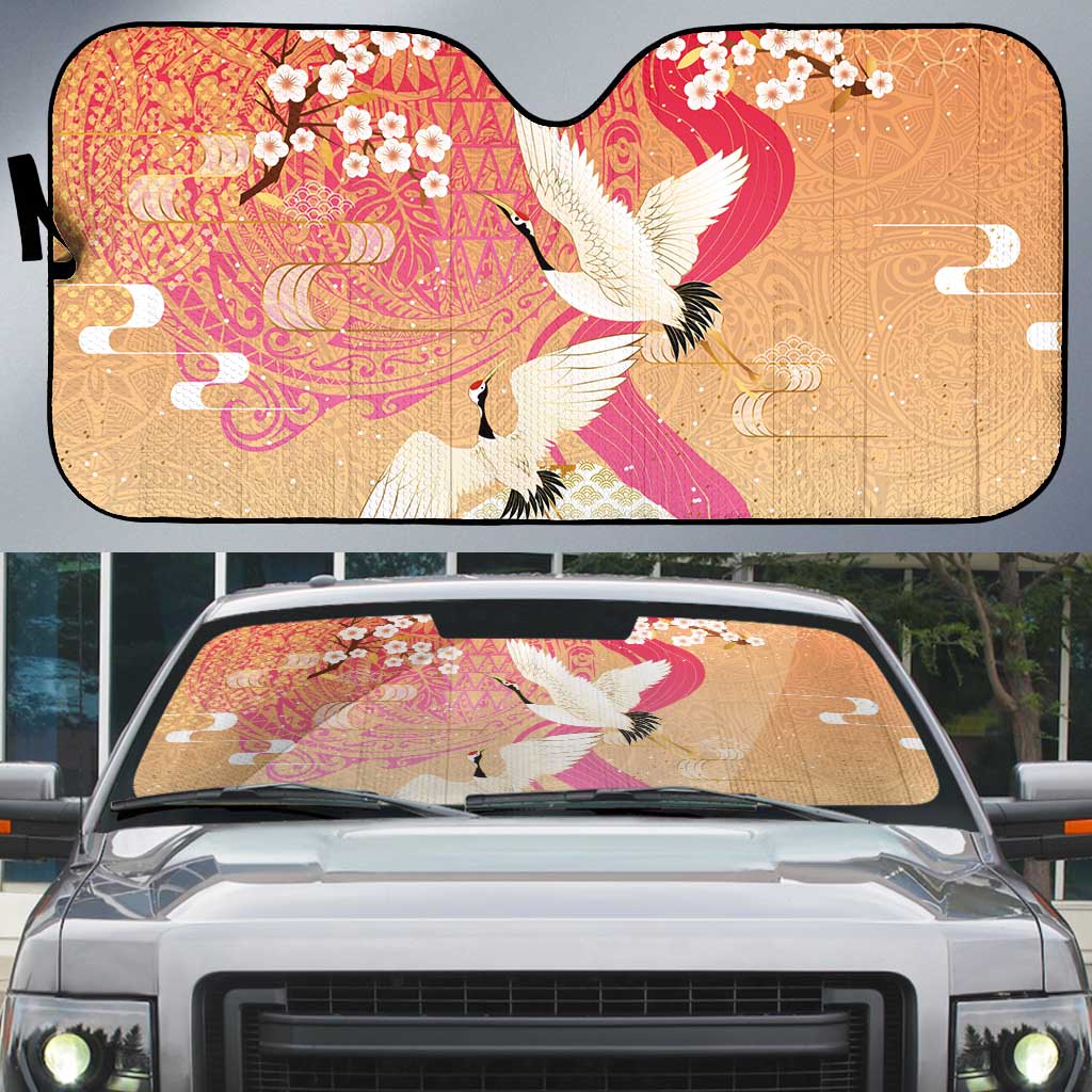 Hawaiian and Japanese Culture Together Auto Sun Shade Kakau Art Tattoo with Cranes and Sakura Spring Vibe LT03 Multicolor - Polynesian Pride