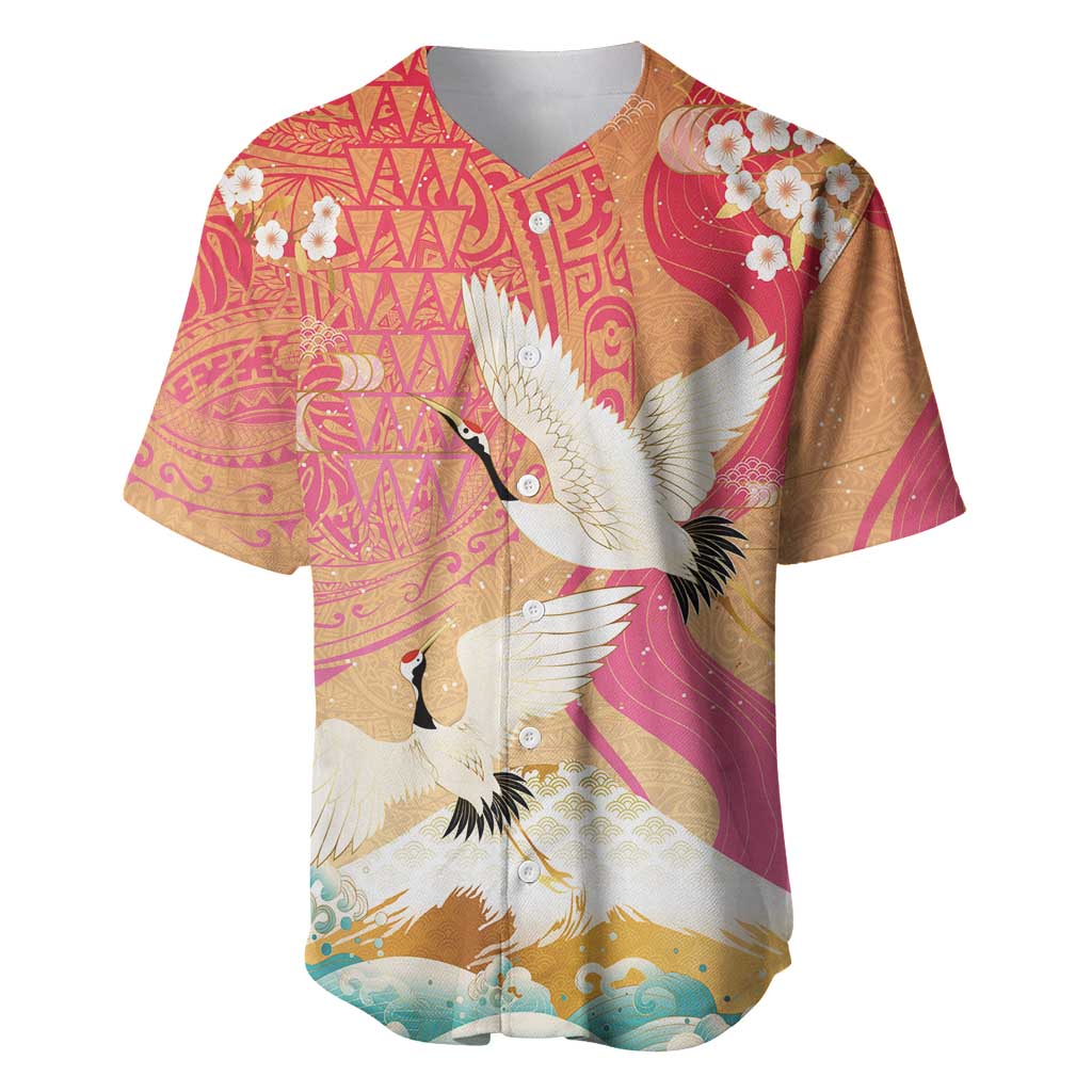 Hawaiian and Japanese Culture Together Baseball Jersey Kakau Art Tattoo with Cranes and Sakura Spring Vibe LT03 Multicolor - Polynesian Pride