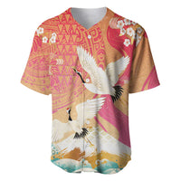 Hawaiian and Japanese Culture Together Baseball Jersey Kakau Art Tattoo with Cranes and Sakura Spring Vibe LT03 Multicolor - Polynesian Pride