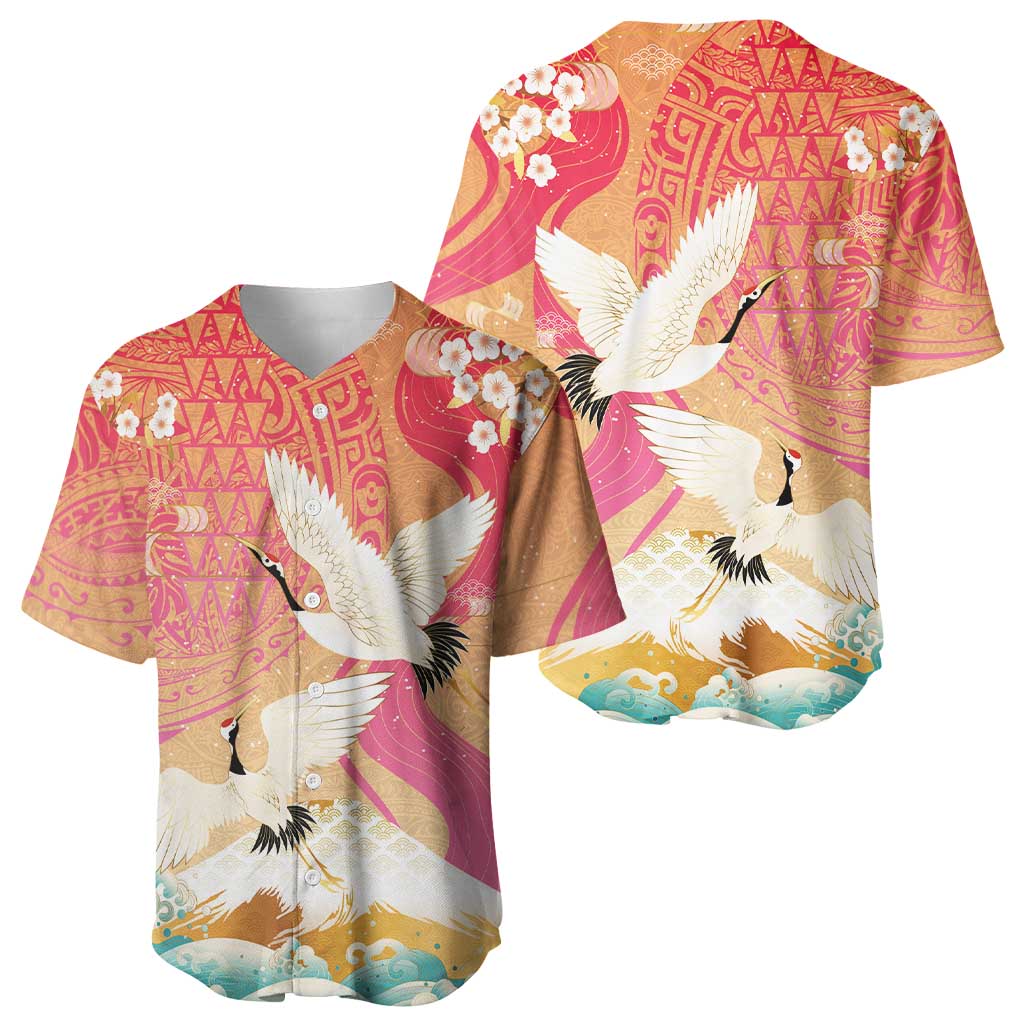 Hawaiian and Japanese Culture Together Baseball Jersey Kakau Art Tattoo with Cranes and Sakura Spring Vibe LT03 - Polynesian Pride
