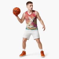 Hawaiian and Japanese Culture Together Basketball Jersey Kakau Art Tattoo with Cranes and Sakura Spring Vibe LT03 - Polynesian Pride