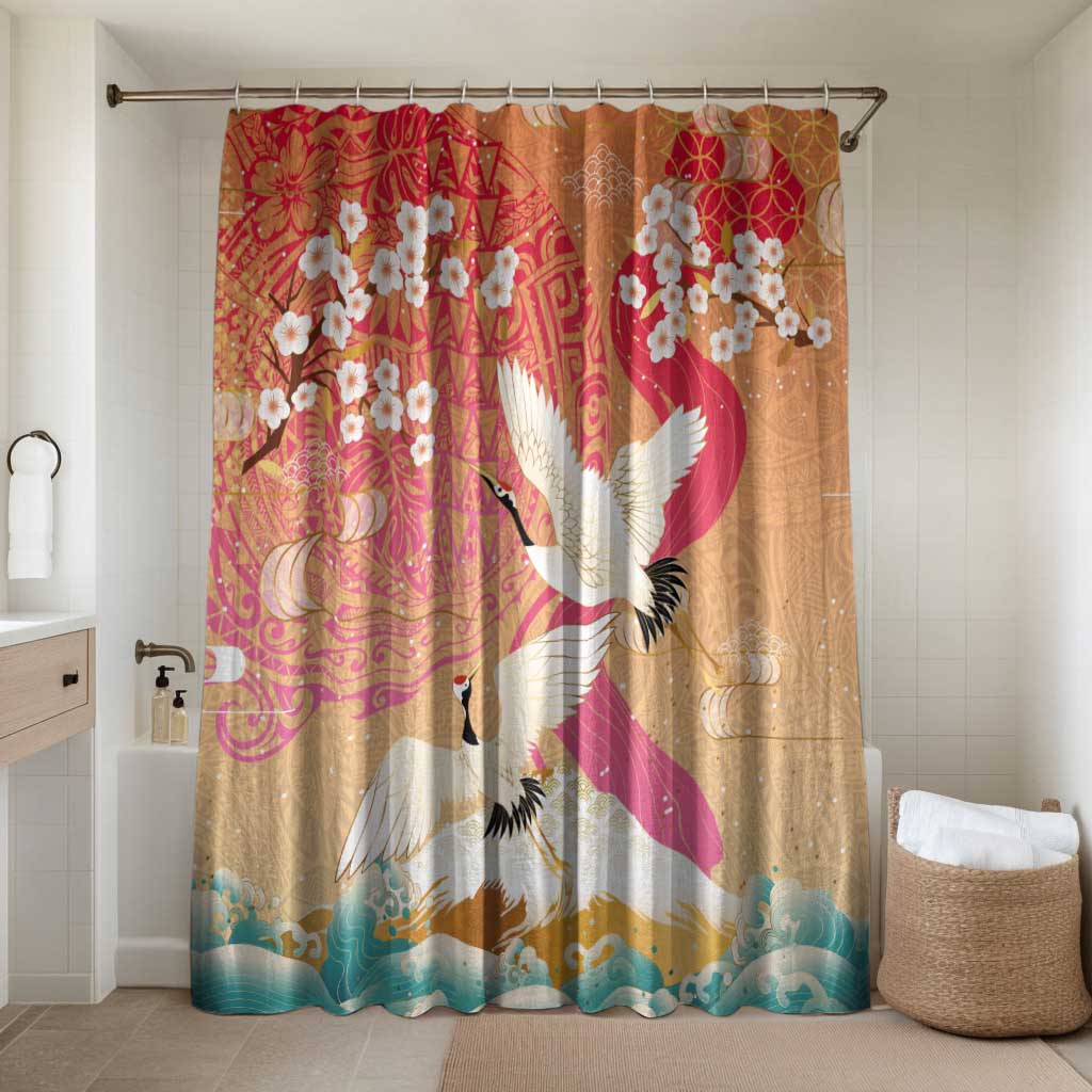 Hawaiian and Japanese Culture Together Bathroom Set Kakau Art Tattoo with Cranes and Sakura Spring Vibe LT03 Shower Curtain Only Multicolor - Polynesian Pride