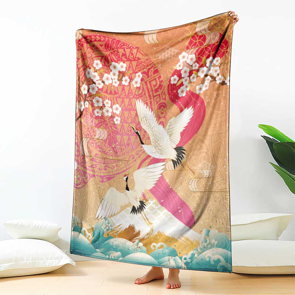 Hawaiian and Japanese Culture Together Blanket Kakau Art Tattoo with Cranes and Sakura Spring Vibe LT03 - Polynesian Pride
