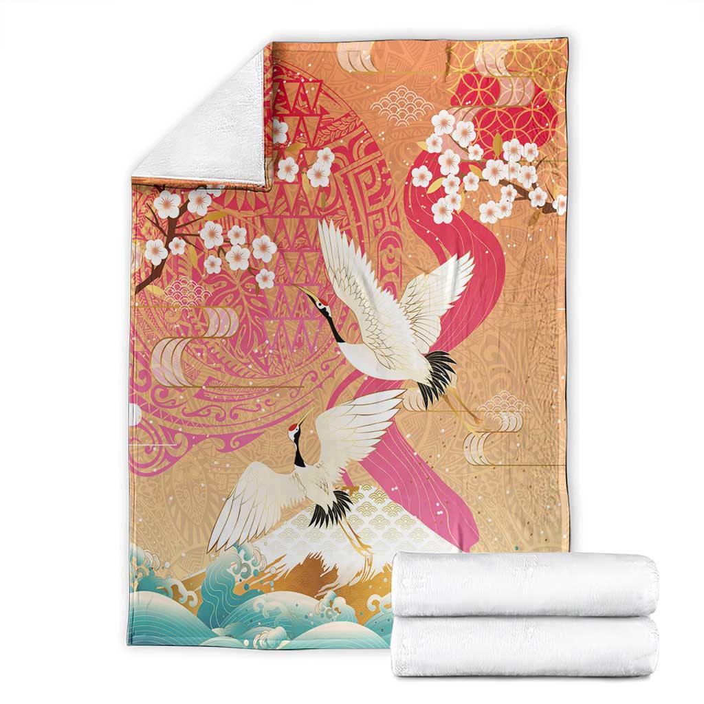 Hawaiian and Japanese Culture Together Blanket Kakau Art Tattoo with Cranes and Sakura Spring Vibe LT03 - Polynesian Pride