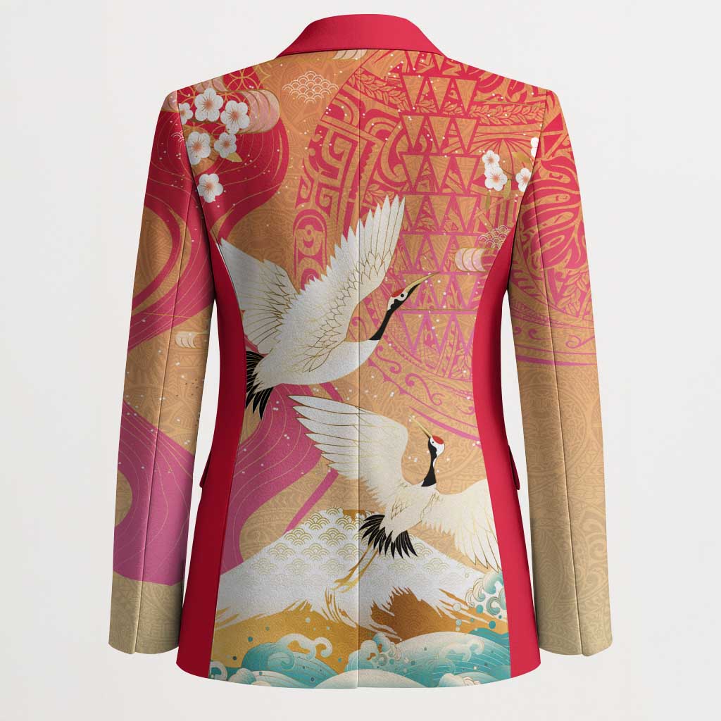 Hawaiian and Japanese Culture Together Blazer Kakau Art Tattoo with Cranes and Sakura Spring Vibe LT03 - Polynesian Pride