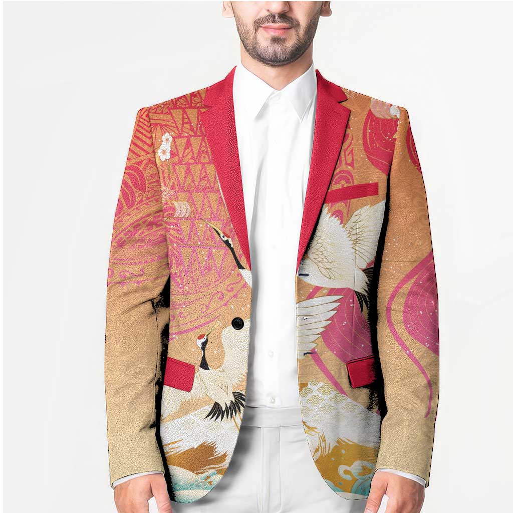 Hawaiian and Japanese Culture Together Blazer Kakau Art Tattoo with Cranes and Sakura Spring Vibe LT03 - Polynesian Pride