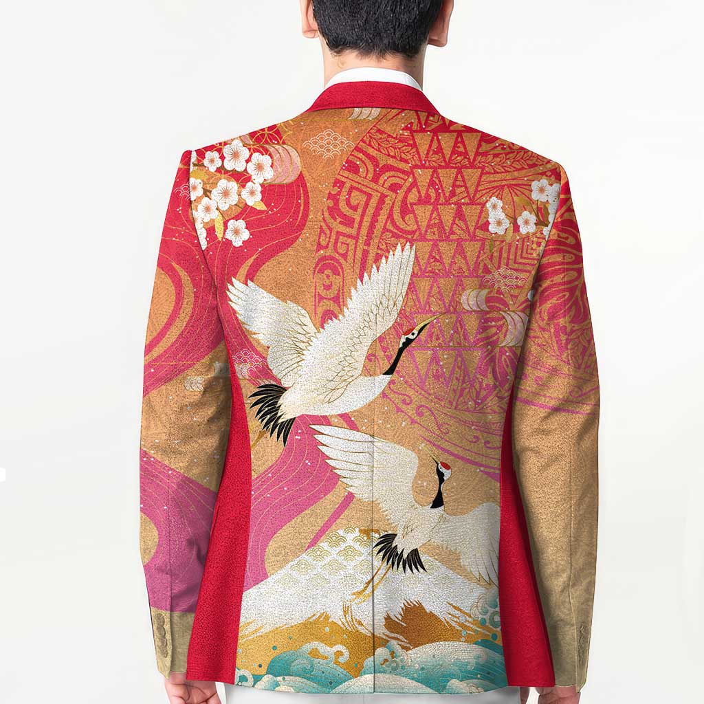 Hawaiian and Japanese Culture Together Blazer Kakau Art Tattoo with Cranes and Sakura Spring Vibe LT03 - Polynesian Pride