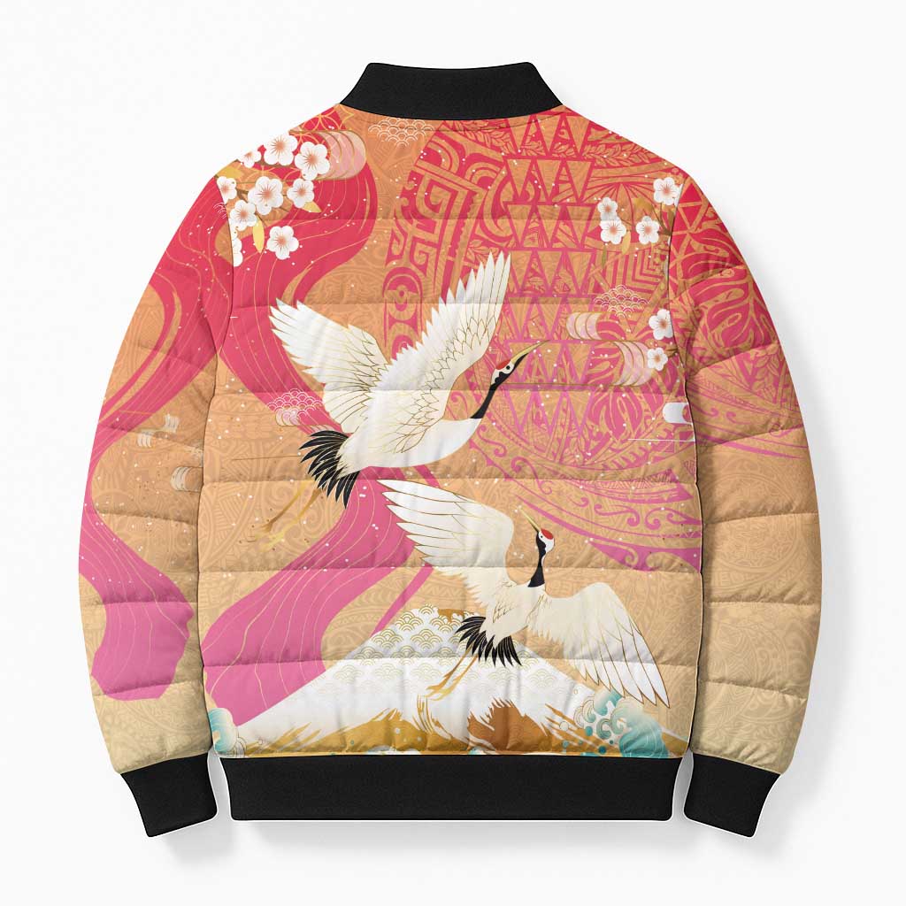 Hawaiian and Japanese Culture Together Bomber Puffer Jacket Kakau Art Tattoo with Cranes and Sakura Spring Vibe LT03 - Polynesian Pride