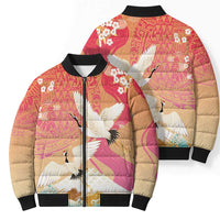 Hawaiian and Japanese Culture Together Bomber Puffer Jacket Kakau Art Tattoo with Cranes and Sakura Spring Vibe LT03 - Polynesian Pride