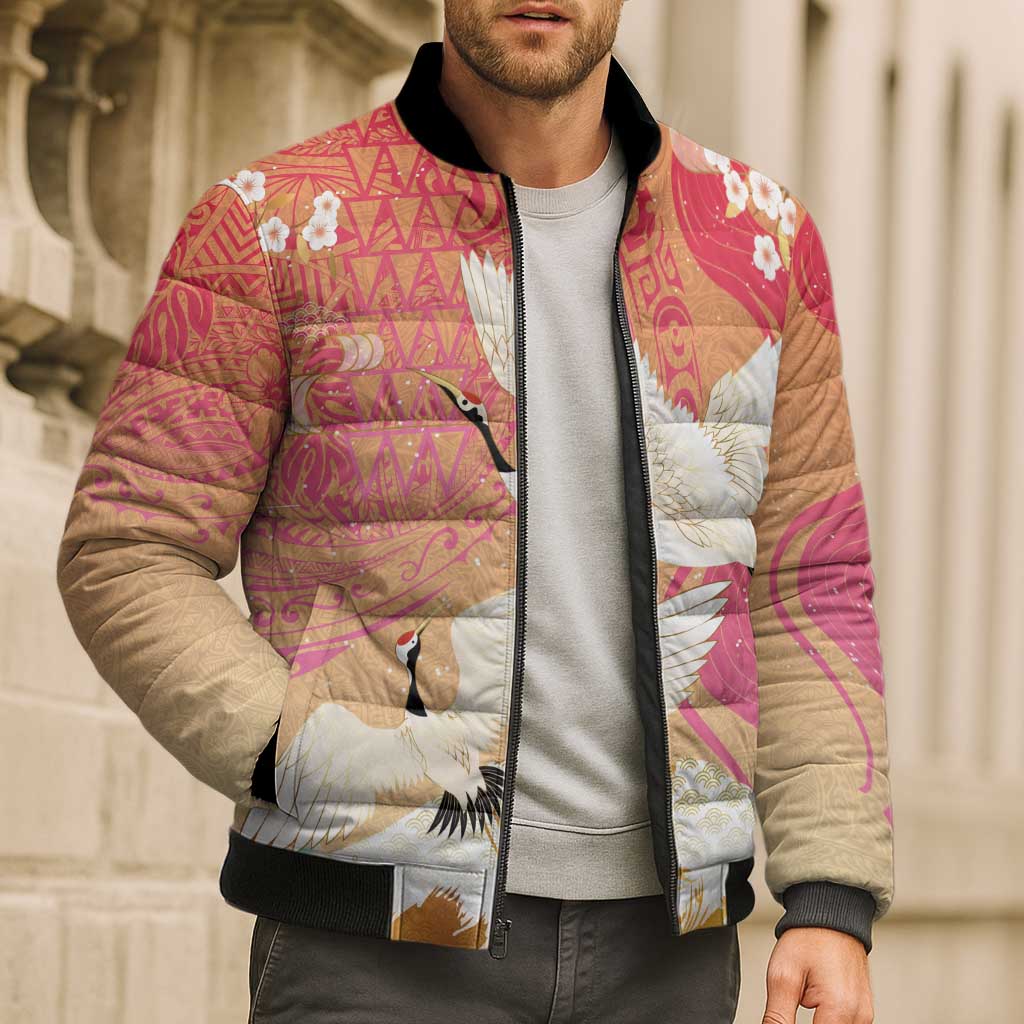 Hawaiian and Japanese Culture Together Bomber Puffer Jacket Kakau Art Tattoo with Cranes and Sakura Spring Vibe LT03 - Polynesian Pride
