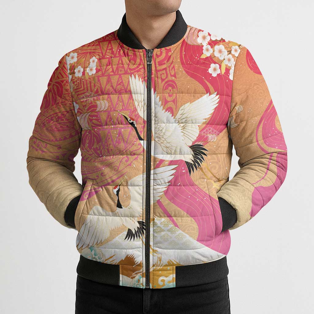 Hawaiian and Japanese Culture Together Bomber Puffer Jacket Kakau Art Tattoo with Cranes and Sakura Spring Vibe LT03 - Polynesian Pride