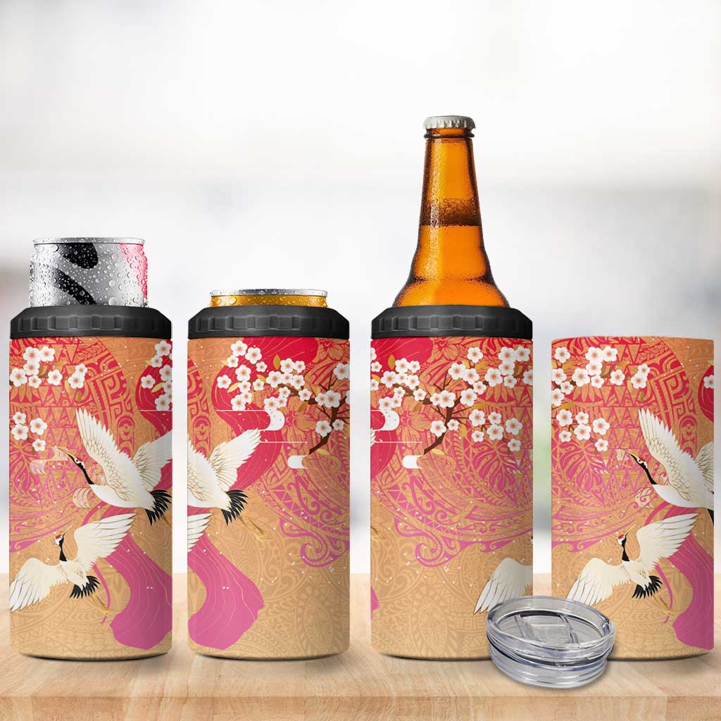 Hawaiian and Japanese Culture Together 4 in 1 Can Cooler Tumbler Kakau Art Tattoo with Cranes and Sakura Spring Vibe LT03 - Polynesian Pride