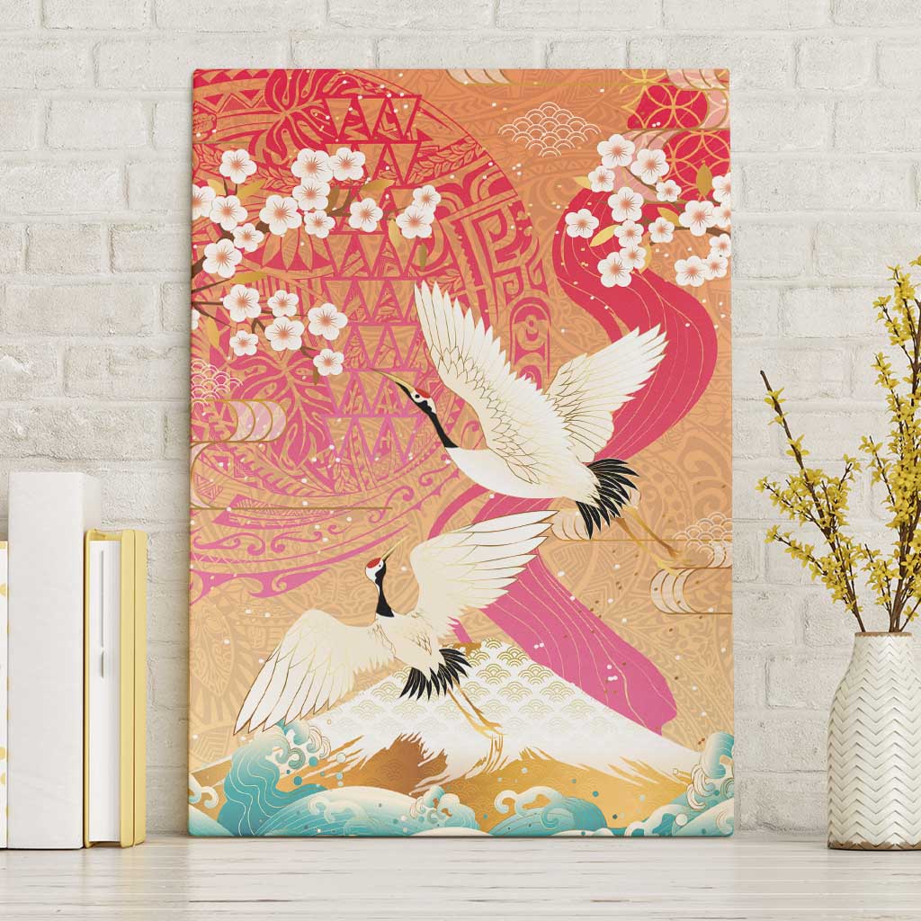 Hawaiian and Japanese Culture Together Canvas Wall Art Kakau Art Tattoo with Cranes and Sakura Spring Vibe LT03 Without Frame Multicolor - Polynesian Pride