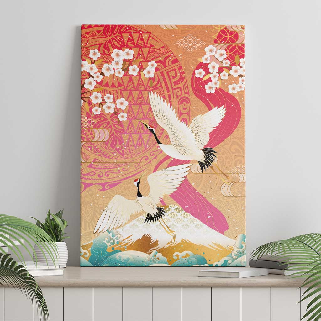 Hawaiian and Japanese Culture Together Canvas Wall Art Kakau Art Tattoo with Cranes and Sakura Spring Vibe LT03 - Polynesian Pride
