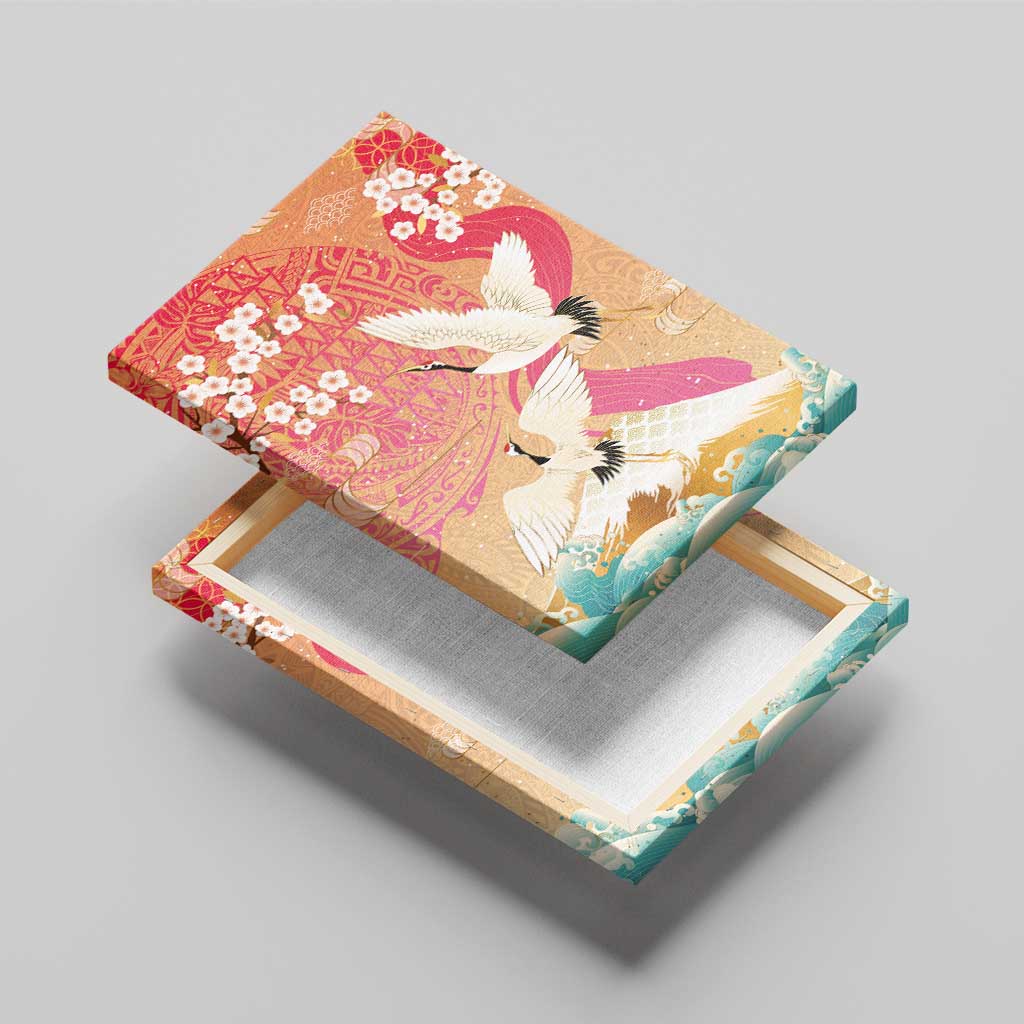 Hawaiian and Japanese Culture Together Canvas Wall Art Kakau Art Tattoo with Cranes and Sakura Spring Vibe LT03 - Polynesian Pride