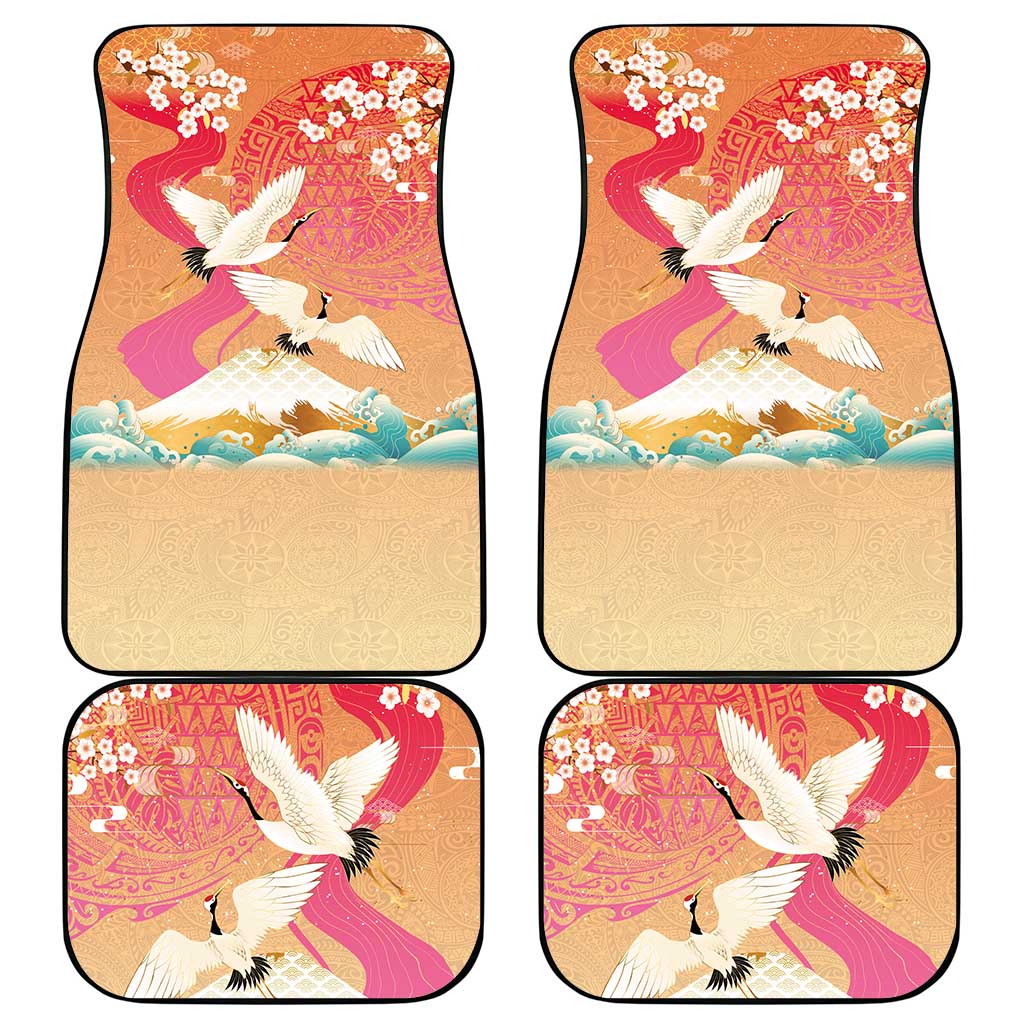 Hawaiian and Japanese Culture Together Car Mats Kakau Art Tattoo with Cranes and Sakura Spring Vibe LT03 - Polynesian Pride
