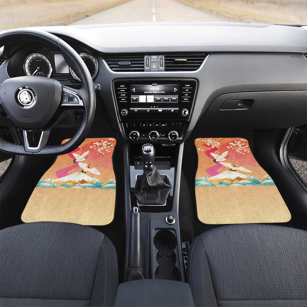 Hawaiian and Japanese Culture Together Car Mats Kakau Art Tattoo with Cranes and Sakura Spring Vibe LT03 Set 2pcs - Front Multicolor - Polynesian Pride