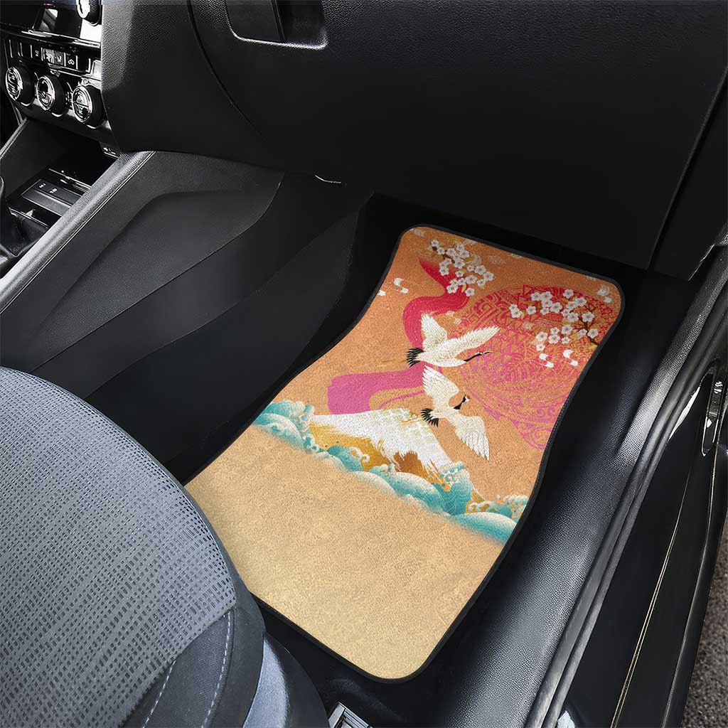 Hawaiian and Japanese Culture Together Car Mats Kakau Art Tattoo with Cranes and Sakura Spring Vibe LT03 - Polynesian Pride