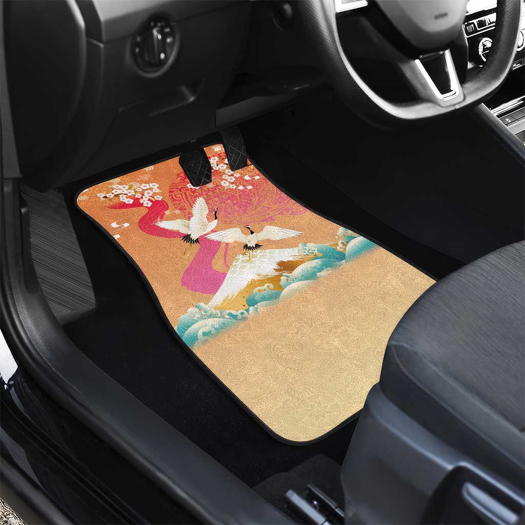 Hawaiian and Japanese Culture Together Car Mats Kakau Art Tattoo with Cranes and Sakura Spring Vibe LT03 - Polynesian Pride