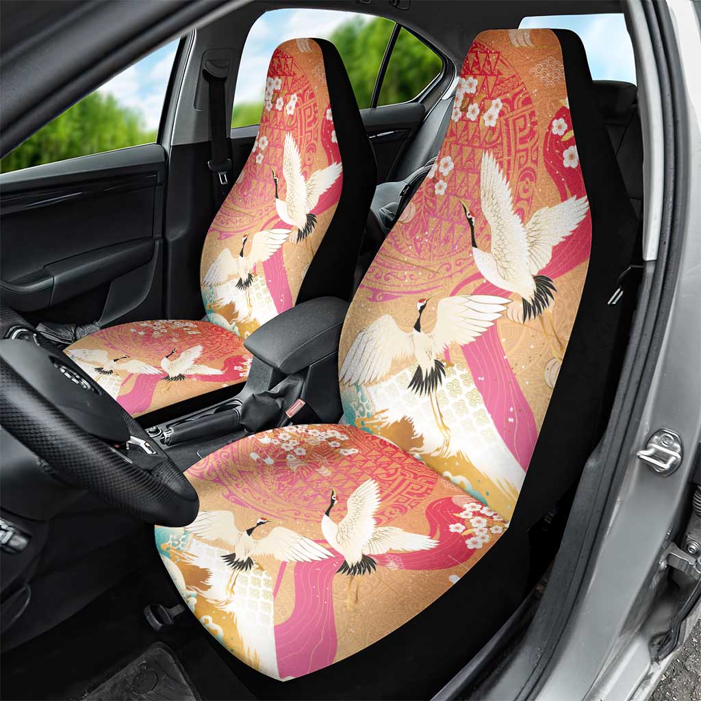 Hawaiian and Japanese Culture Together Car Seat Cover Kakau Art Tattoo with Cranes and Sakura Spring Vibe LT03 - Polynesian Pride