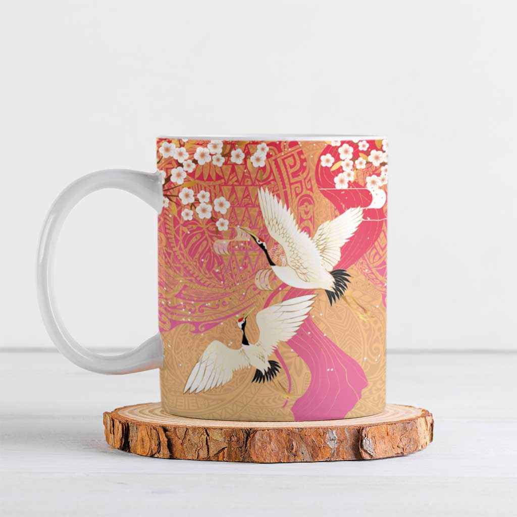Hawaiian and Japanese Culture Together Ceramic Mug Kakau Art Tattoo with Cranes and Sakura Spring Vibe LT03 Multicolor - Polynesian Pride