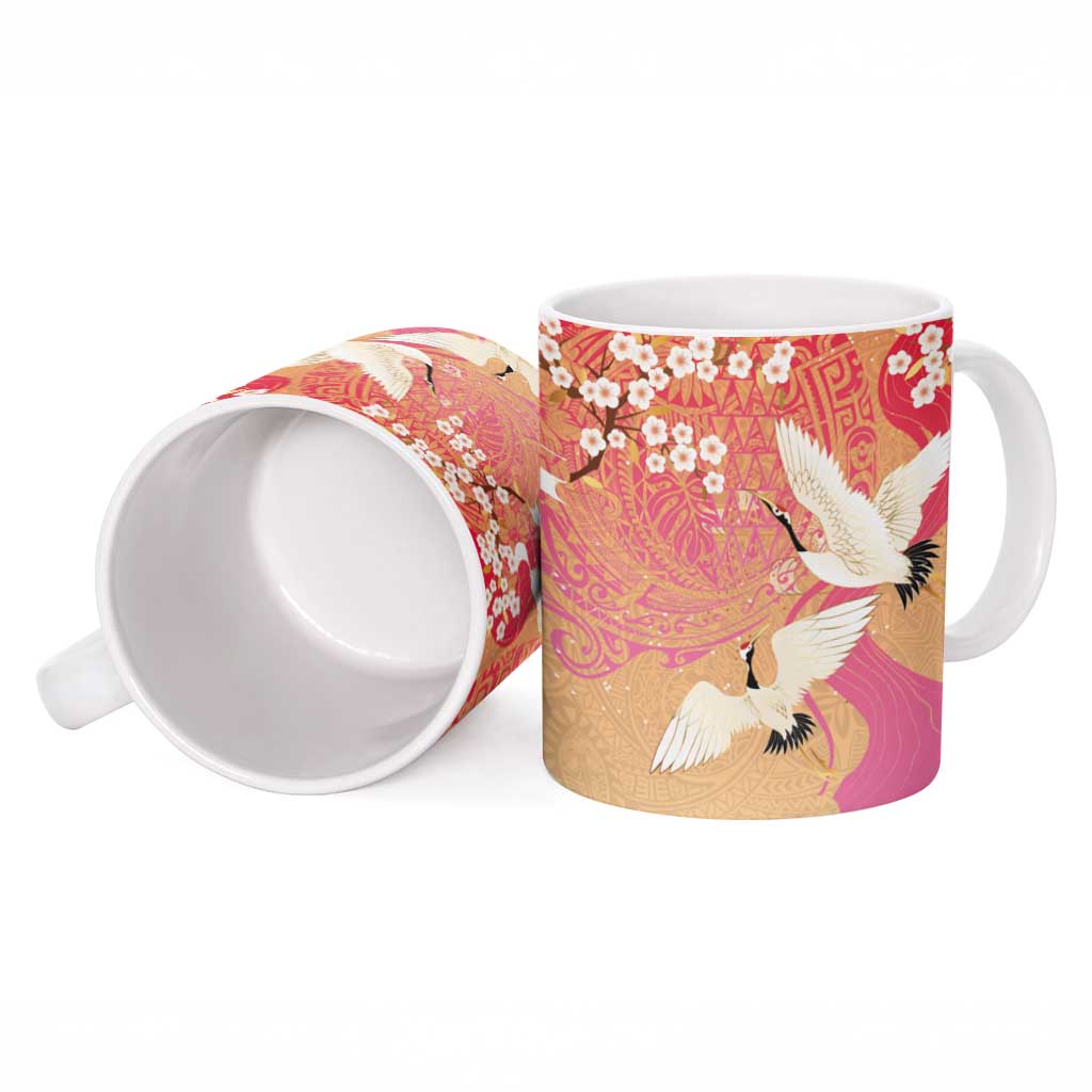 Hawaiian and Japanese Culture Together Ceramic Mug Kakau Art Tattoo with Cranes and Sakura Spring Vibe LT03 - Polynesian Pride