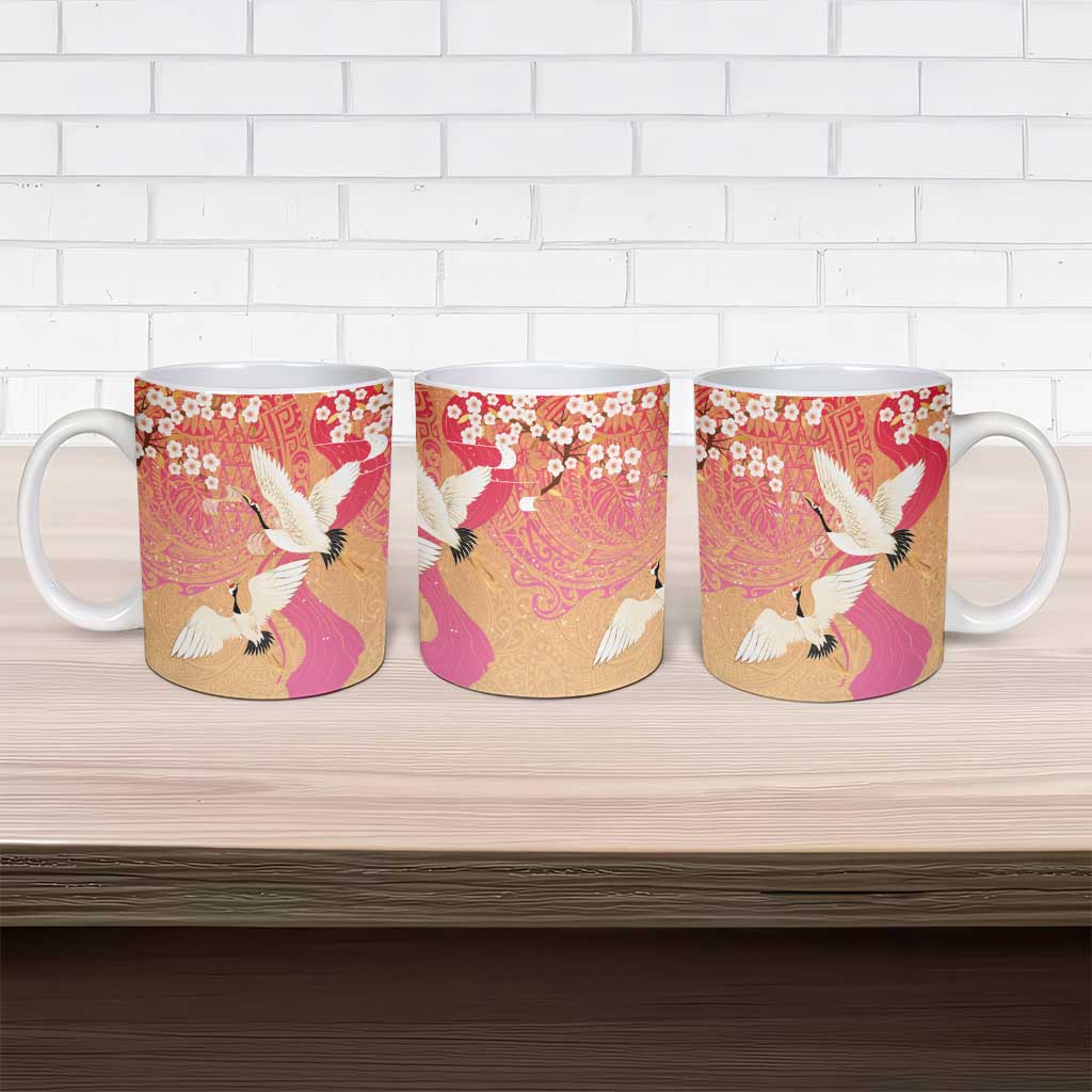 Hawaiian and Japanese Culture Together Ceramic Mug Kakau Art Tattoo with Cranes and Sakura Spring Vibe LT03 - Polynesian Pride