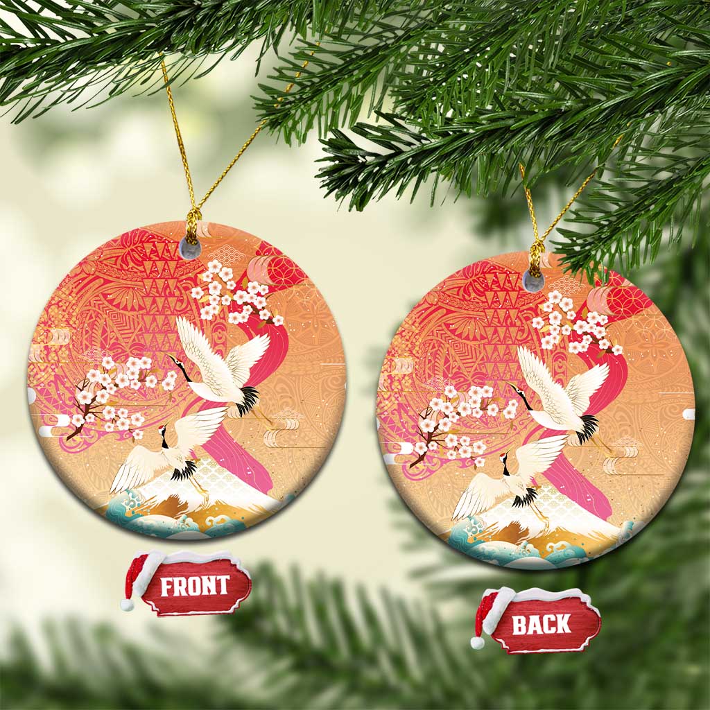 Hawaiian and Japanese Culture Together Ceramic Ornament Kakau Art Tattoo with Cranes and Sakura Spring Vibe LT03 Circle Multicolor - Polynesian Pride