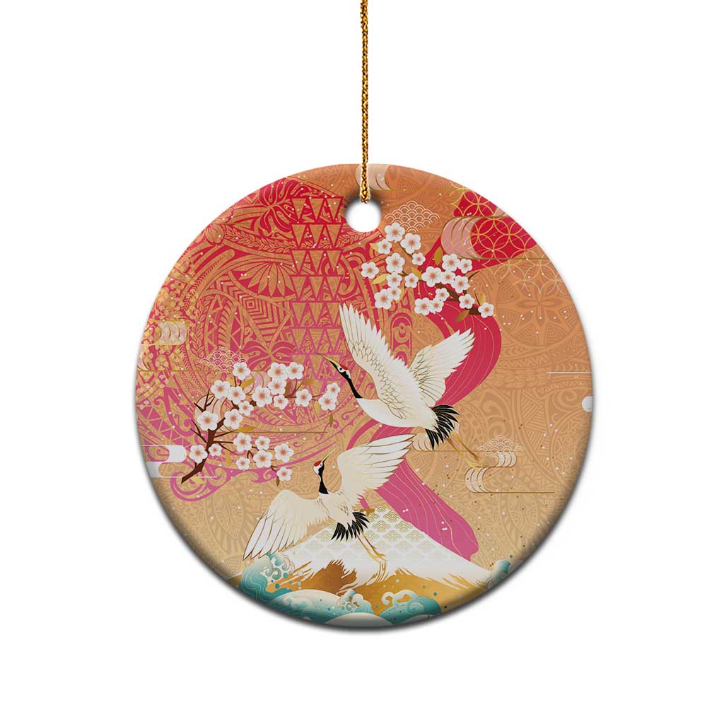Hawaiian and Japanese Culture Together Ceramic Ornament Kakau Art Tattoo with Cranes and Sakura Spring Vibe LT03 - Polynesian Pride